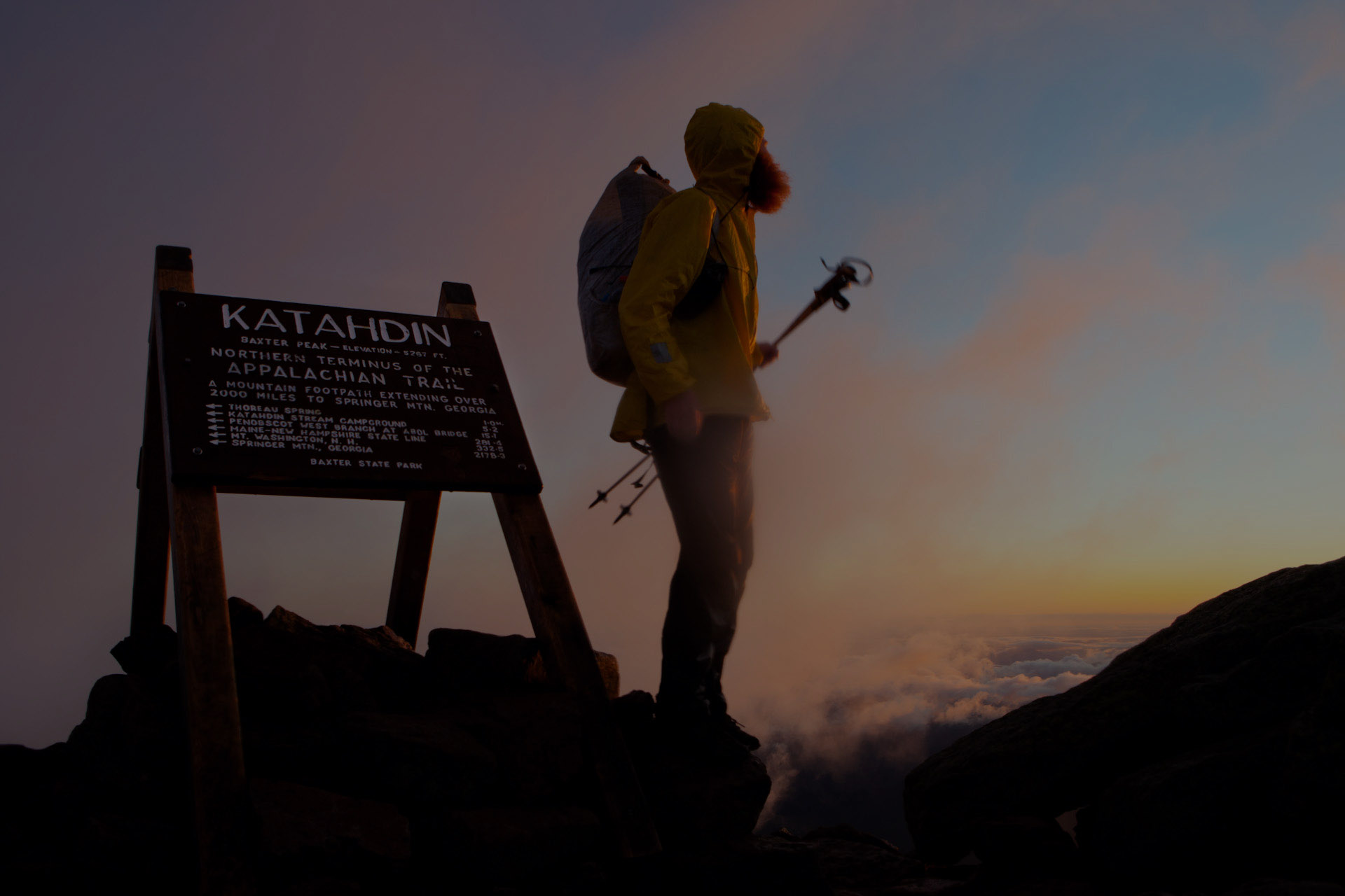 Hiker at Katahdin, the northern terminus of the Appalachian Trail